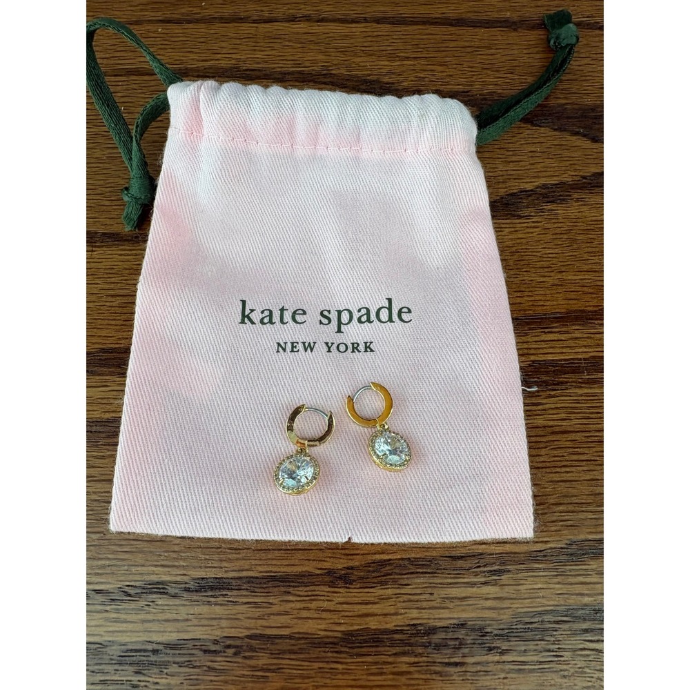 Kate Spade New York Gold Tone Crystal Halo Drop Huggie Hoop Earrings